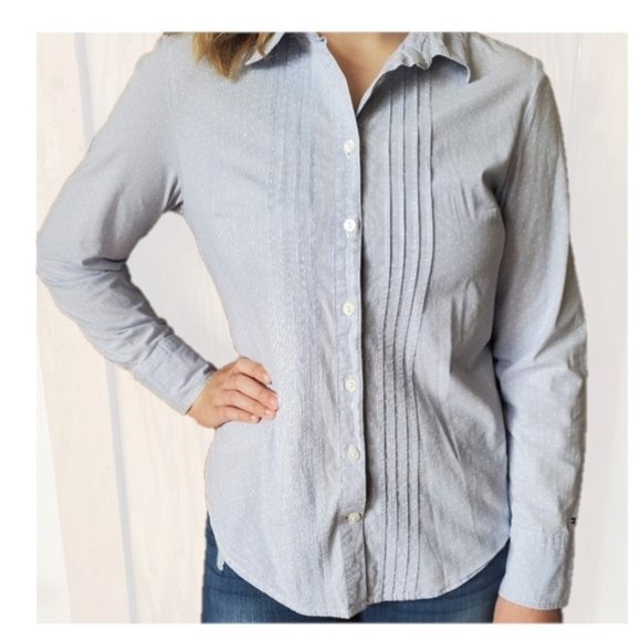 Tommy Hilfiger pleated button up blouse - chambray seersucker - Size L - Picture 1 of 16